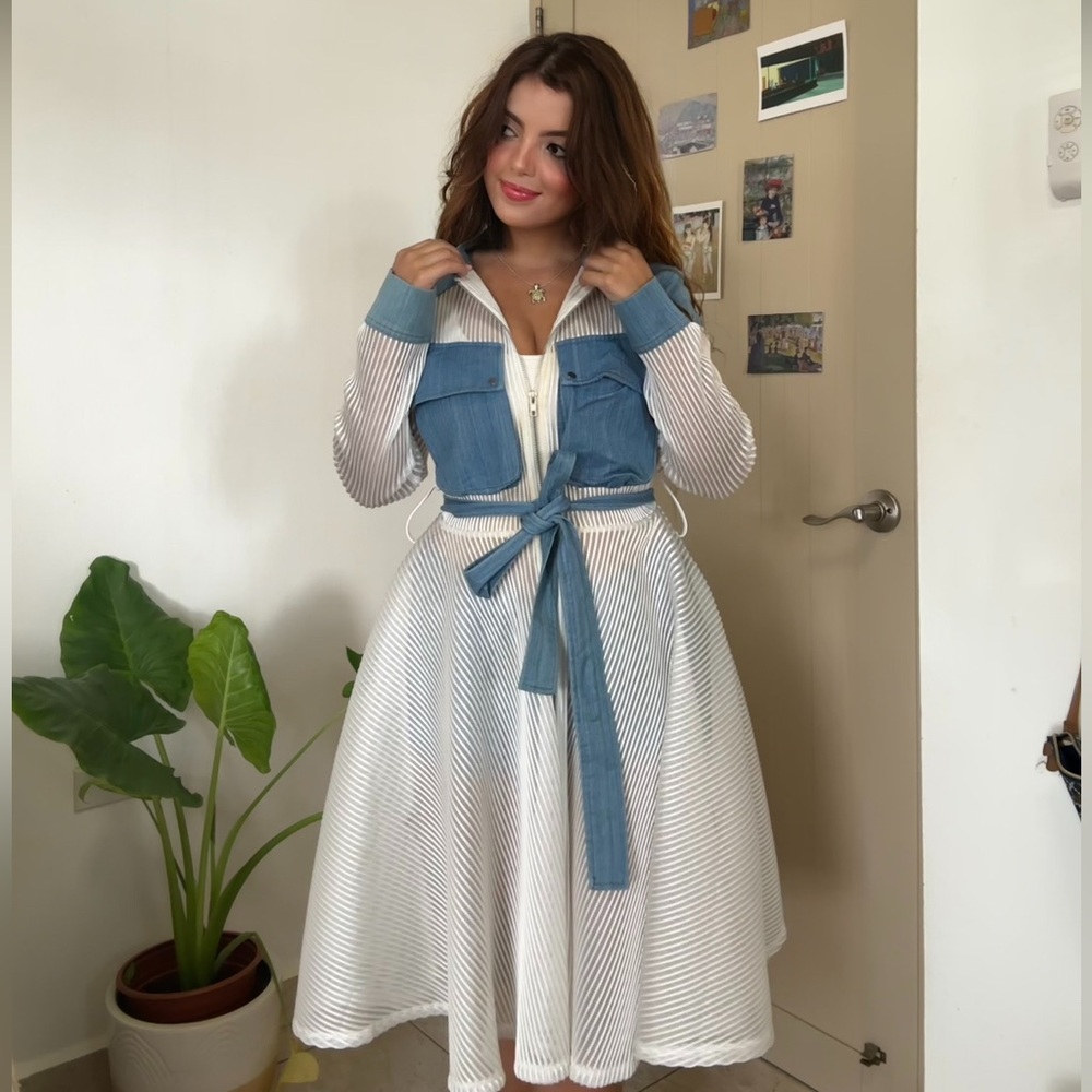 Elegant Denim and White Long Sleeve Dress